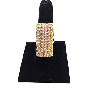 AB Rhinestones Pave' Set Adjustable Statement Ring  Silver Tone